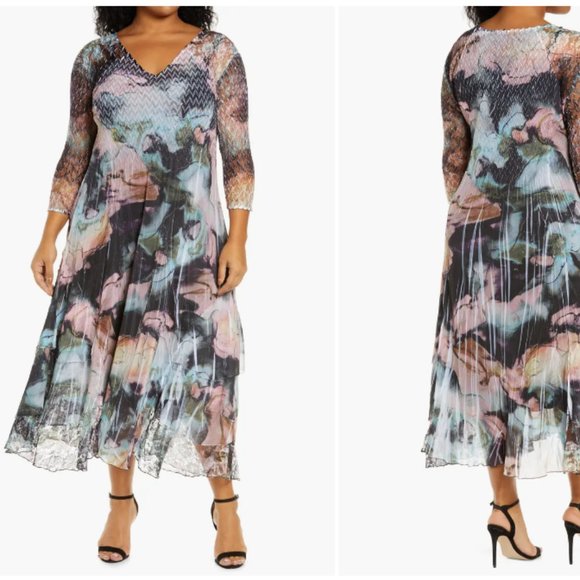 KOMAROV WATER COLOR FLORAL CHARMEUSE & CHIFFON V-NECK STARDUST MIDI DRESS XL - Picture 2 of 6